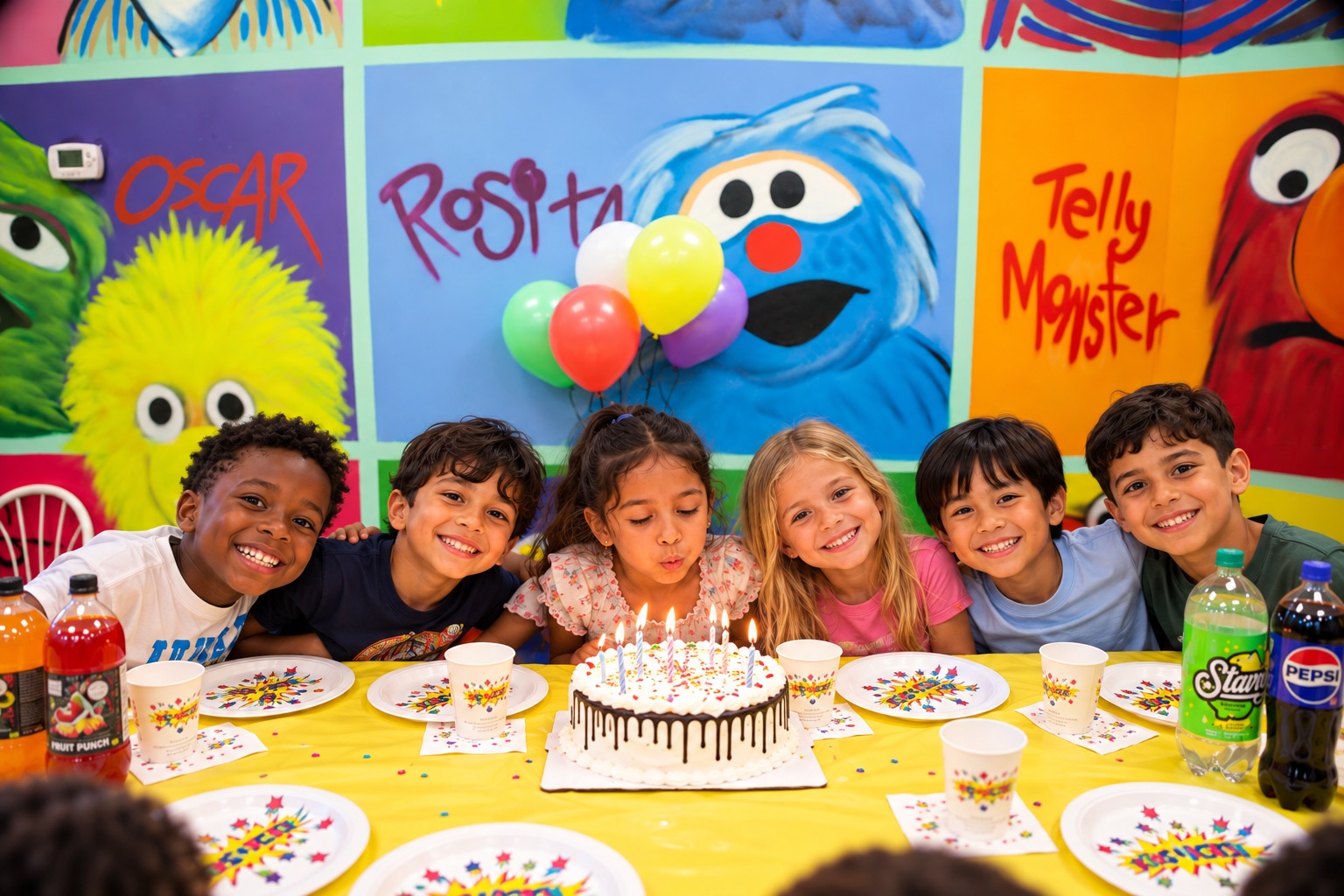 Kids blowing out birthday candles in the Sesame Street party room at Kids 'N Action
